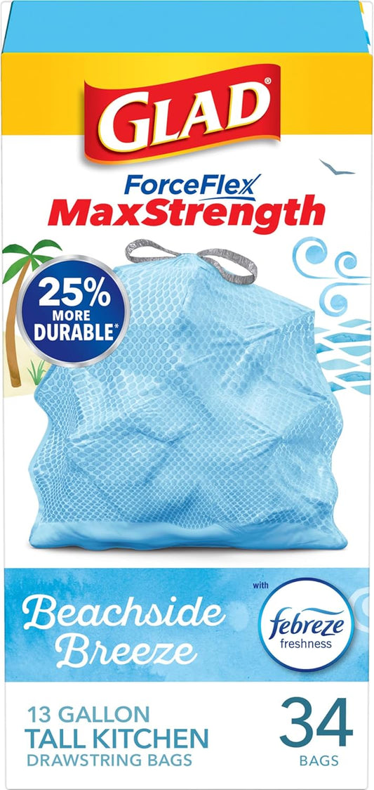 Glad Forceflex Plus Grips The Can 13Gallon 6/34ct Drawstring Odor Shield