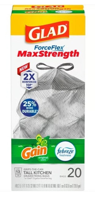 GLAD Forceflex Max Strength 13 Gallon Drawstring Odor Shield 6/20ct