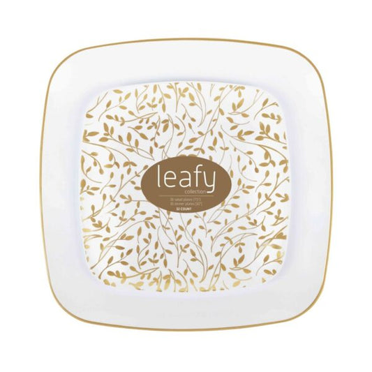 Leafy Square Organic Combo Plates 7.5" & 10" 32CT - Gold/White