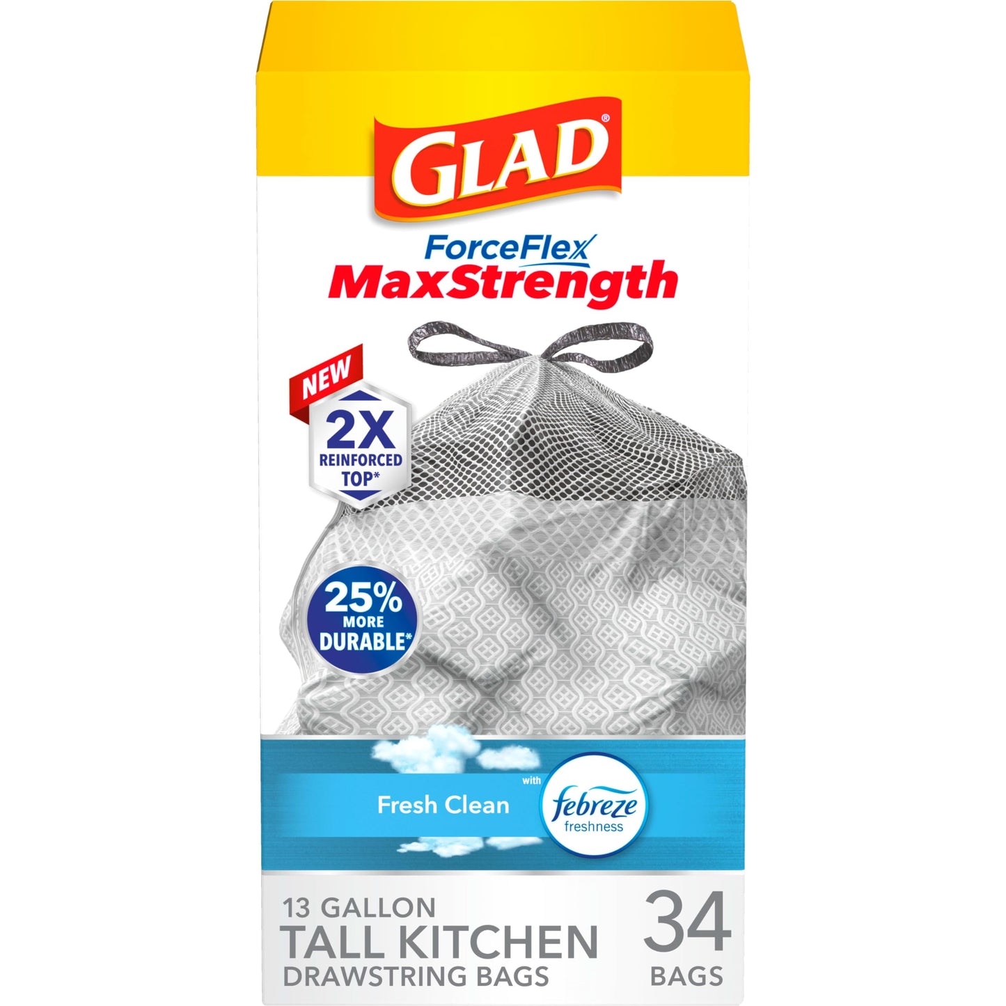 GLAD Forceflex Max Strength 13 Gallon Drawstring Odor Shield 6/20ct