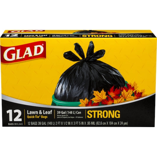 GLAD 39 Gallon Lawn & Leaf Quick-Tie Trash Bags 12/12Ct