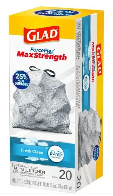 Glad Forceflex Plus Tall Kitchen 13Gallon 6/20ct Drawstring