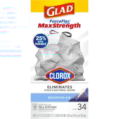 GLAD Forceflex Max Strength 13 Gallon Drawstring Odor Shield 6/34ct