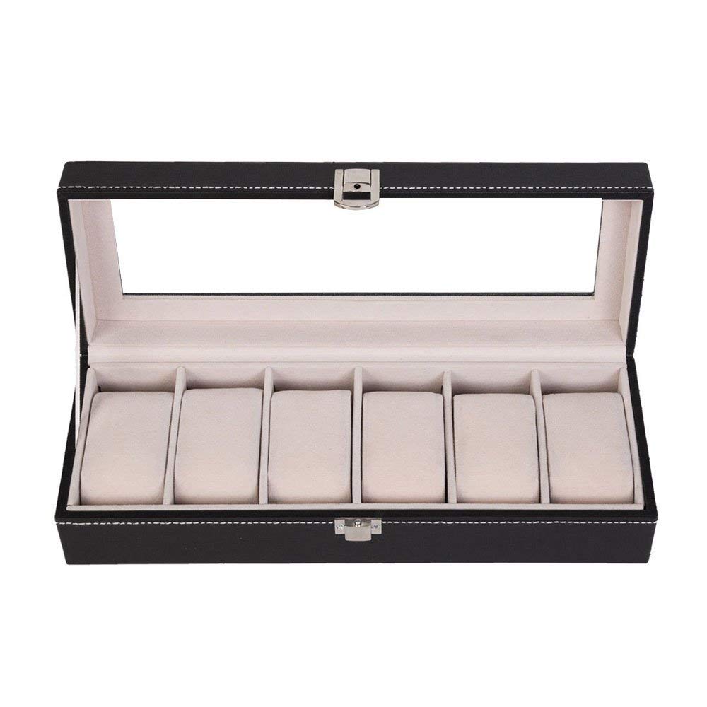 Watch 6 Compartments Box Organizer Faux Leather Black 1CT