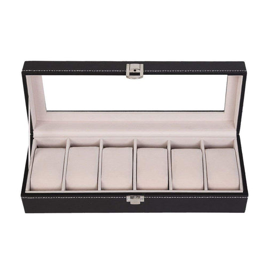 Watch 6 Compartments Box Organizer Faux Leather Black 1CT